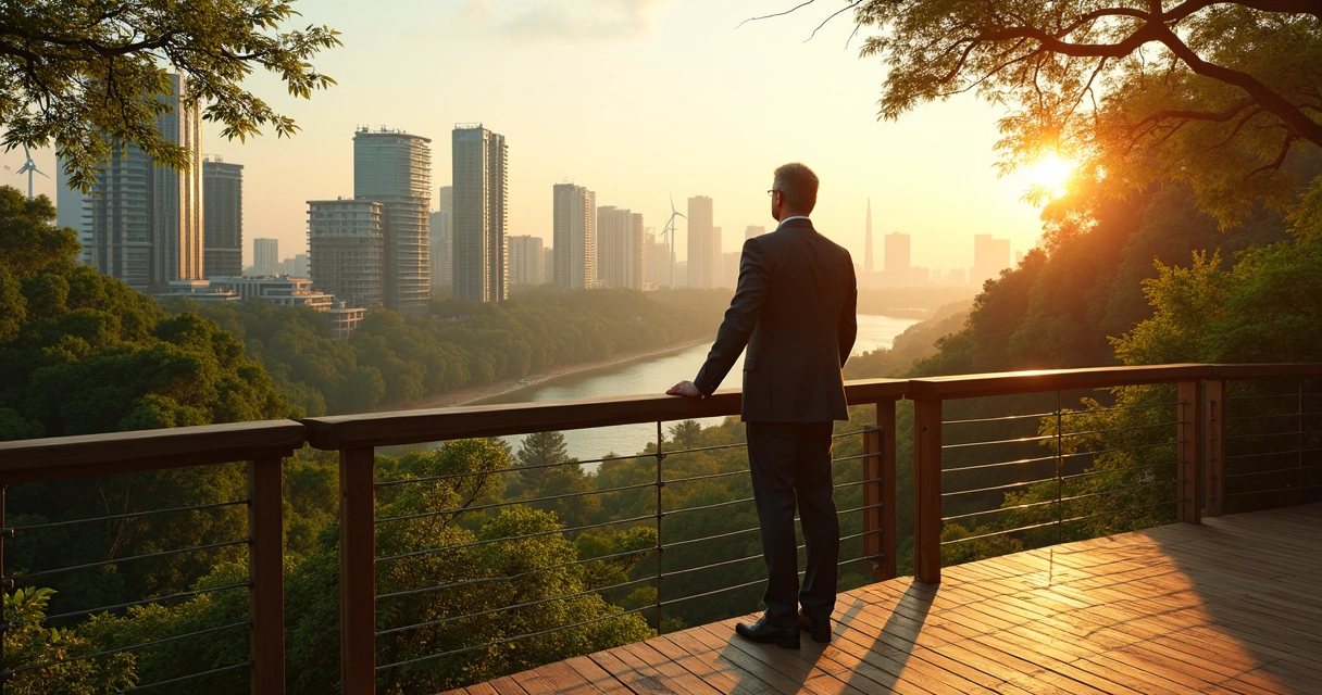 Líder observa cidade sustentável ao longe apoiado em deck de madeira na floresta 