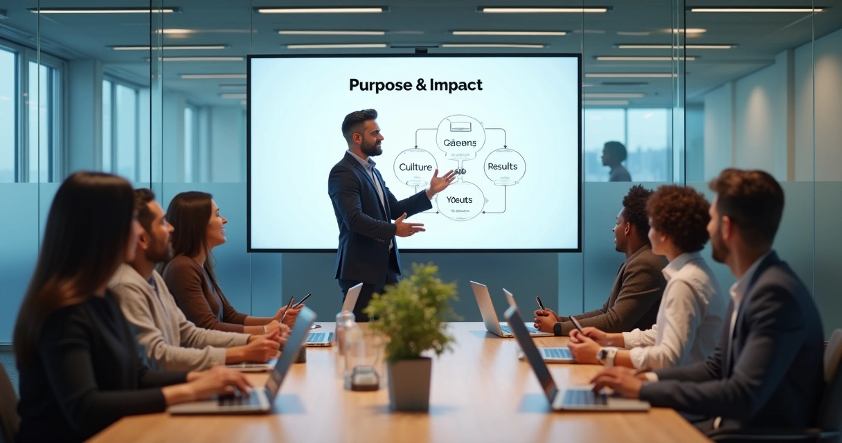 Líder apresentando propósito para equipe em reunião corporativa 