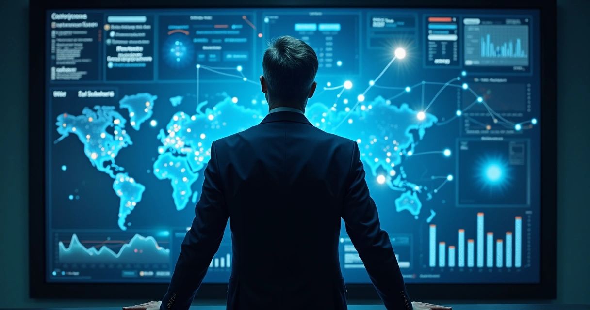 Líder diante de uma tela digital analisando dados abstratos.