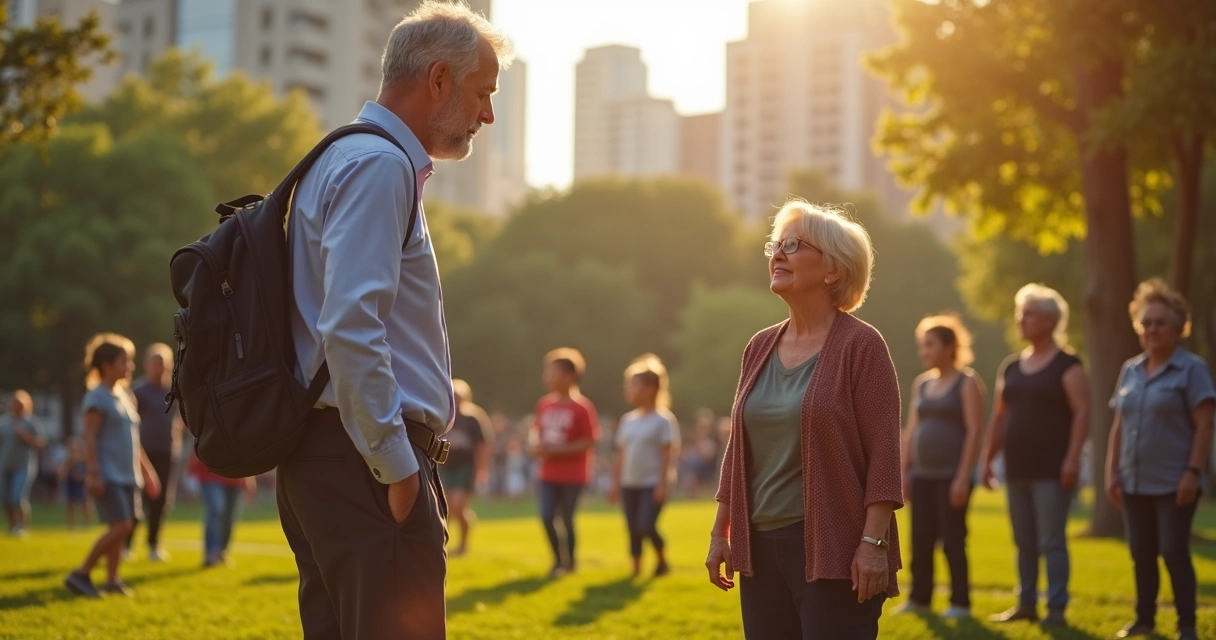 Líder comunitário olhando para crianças e idosos em praça pública, representando cuidado e integração. 