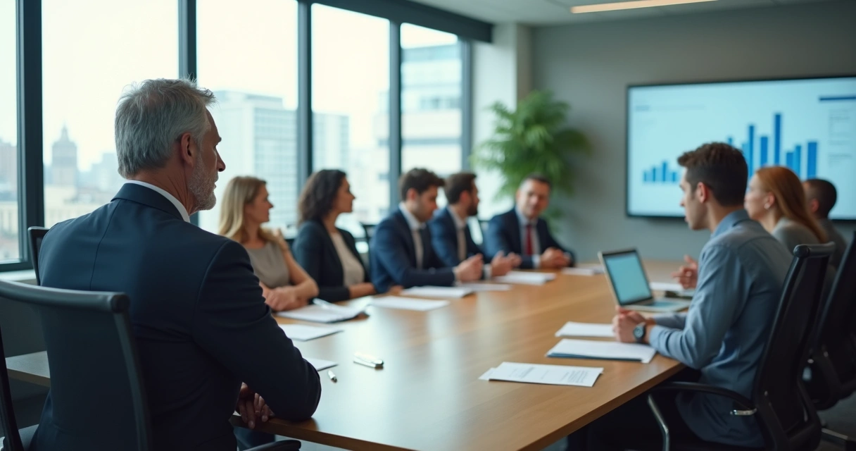 Gestor público sentado em mesa de reunião olhando distante enquanto equipe discute ao fundo 