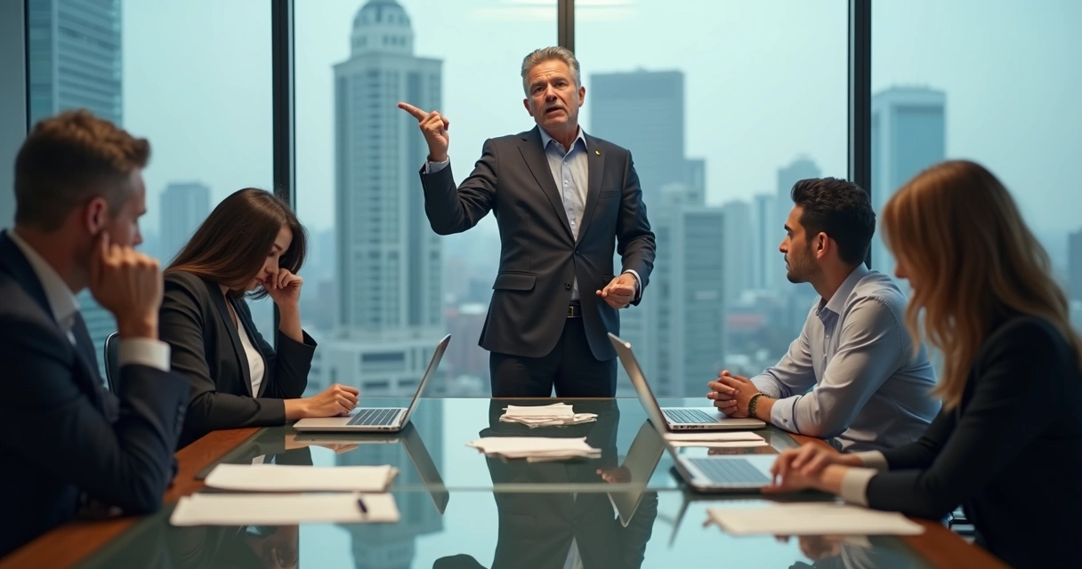 Líder reativo gritando em reunião enquanto equipe demonstra estresse 