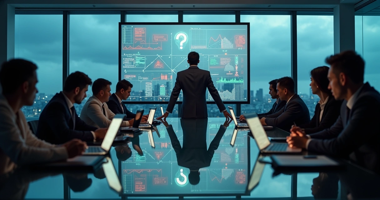 Líder em sala de reunião escura cercado por gráficos voláteis e equipe apreensiva 