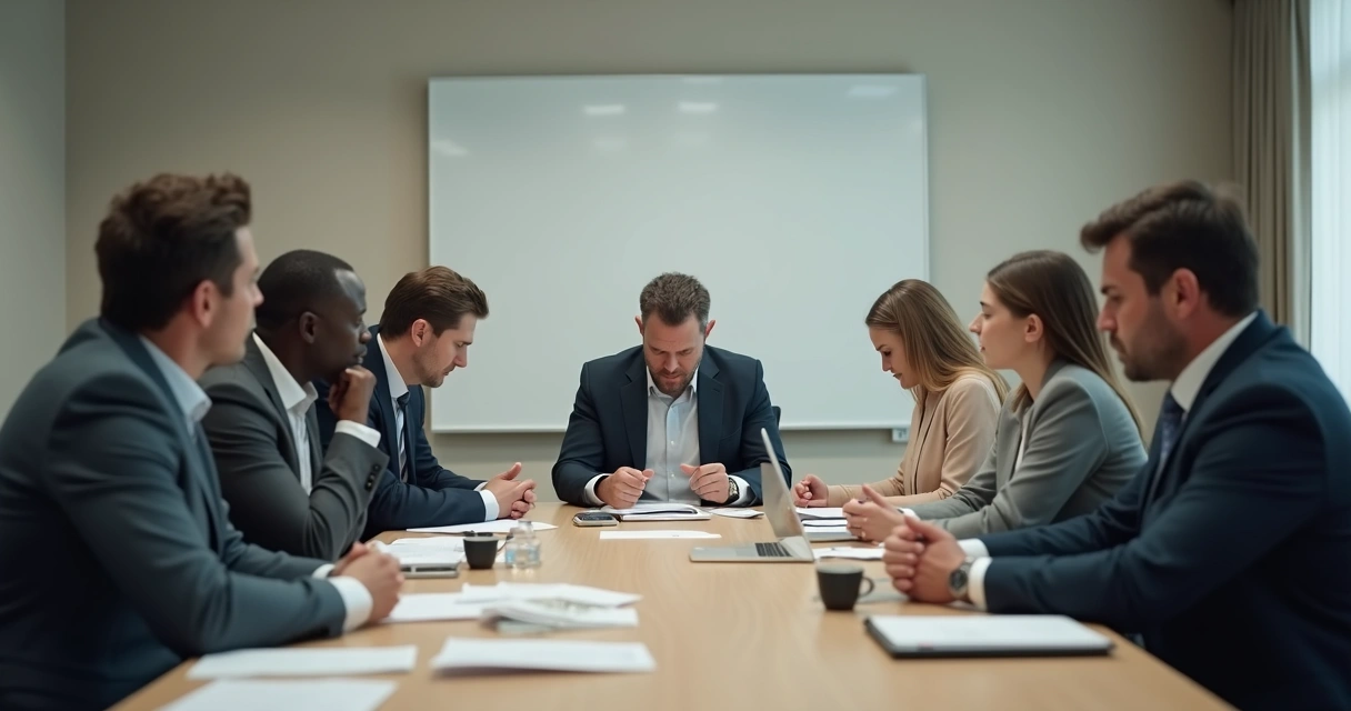 Líder olhando para colaboradores cabisbaixos em sala de reunião 