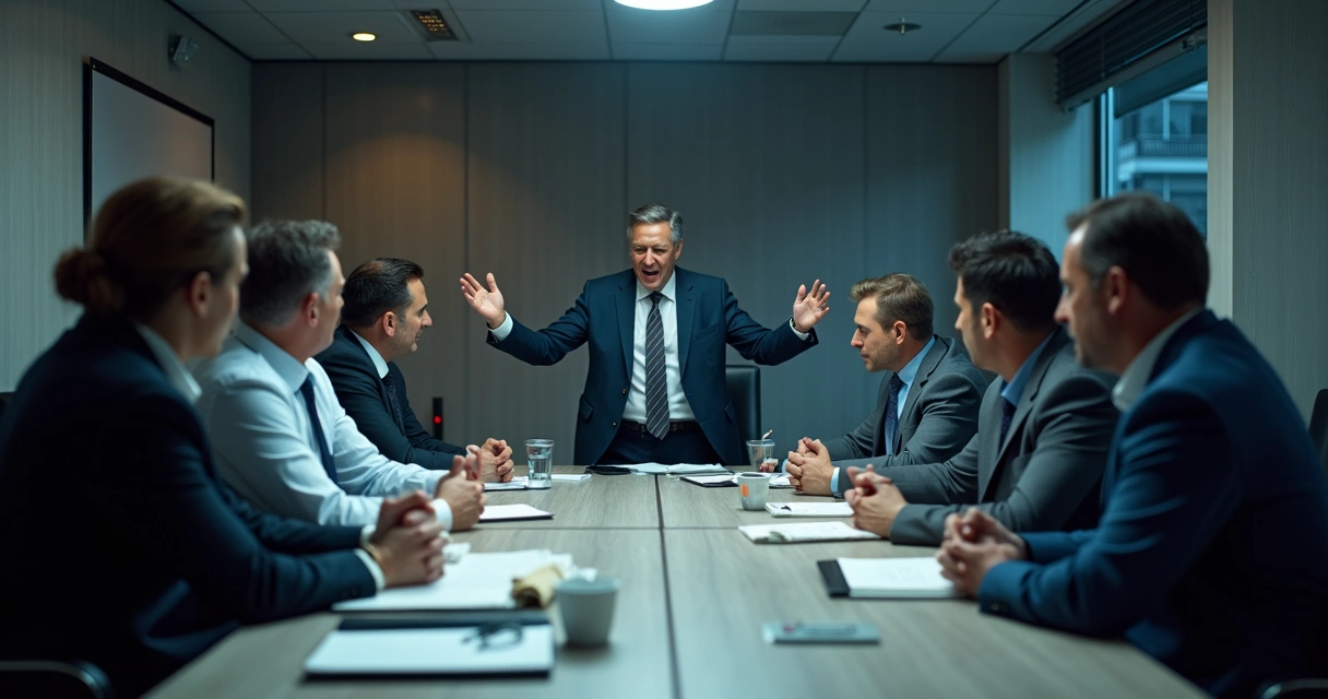 Equipe de trabalho em uma sala de reunião com expressões tensas, enquanto o líder demonstra atitude de comando restrito
