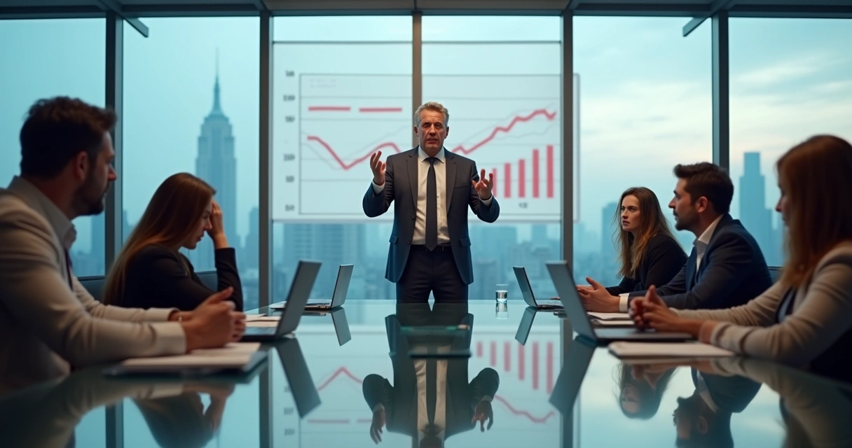 Gestor reativo discutindo com equipe em sala de reunião corporativa 