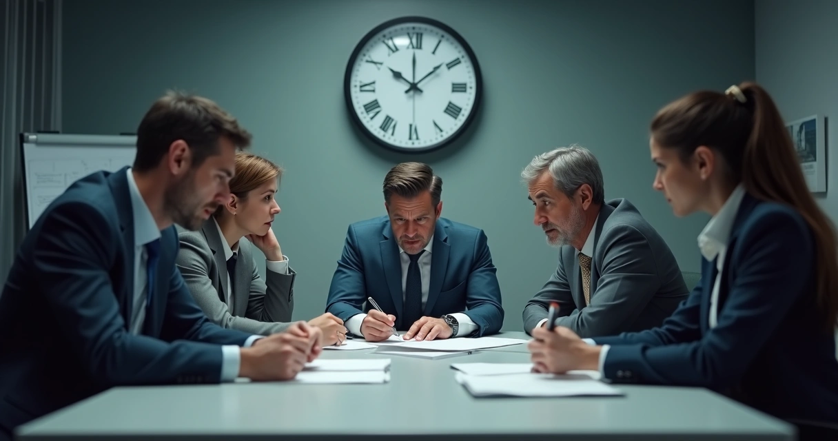 Pessoas em uma reunião, aparentando tensão enquanto observam um líder tomando notas apressadamente 