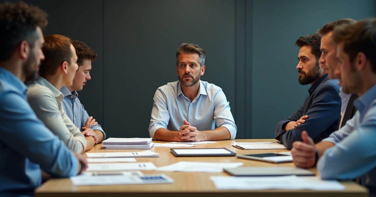 Equipe reunida em sala de reunião discutindo de forma tensa e reativa