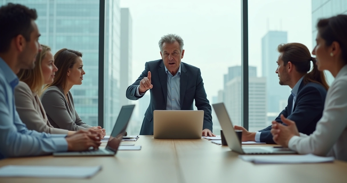 Equipe reunida em sala de reunião com líder reativo e clima de tensão visível 