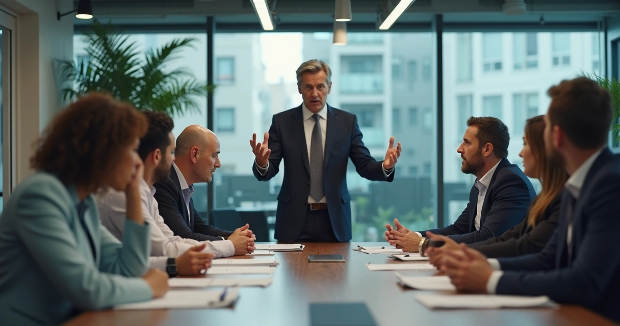 Grupo de profissionais em reunião com expressão tensa, líder gesticulando de forma impositiva 