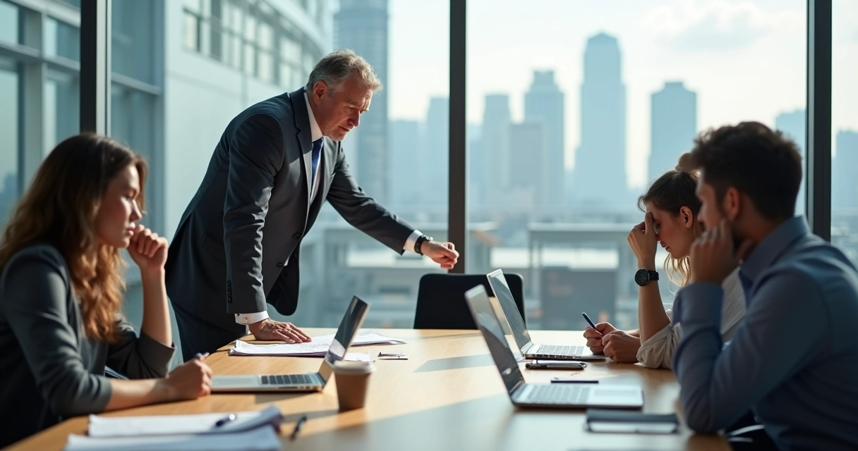 Gestor reativo discutindo com equipe em sala de reunião moderna 