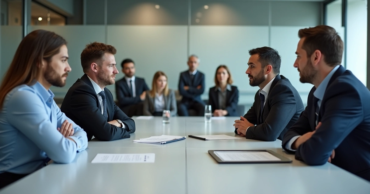 Dois líderes em uma reunião com expressão séria, separados por uma mesa, equipe ao fundo atenta. 