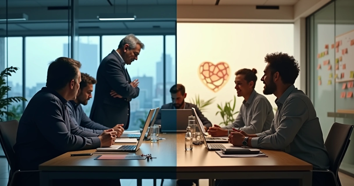 Comparação visual entre liderança reativa e liderança consciente em ambiente corporativo 