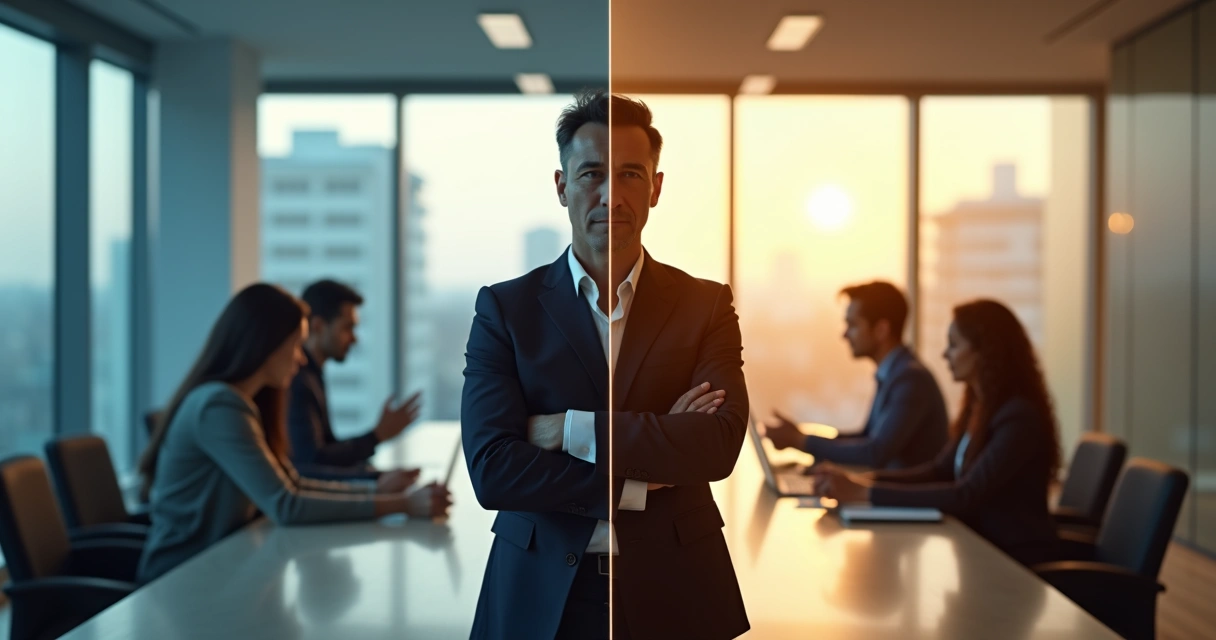 Líder dividido entre postura reativa e postura reconciliadora em um escritório moderno 