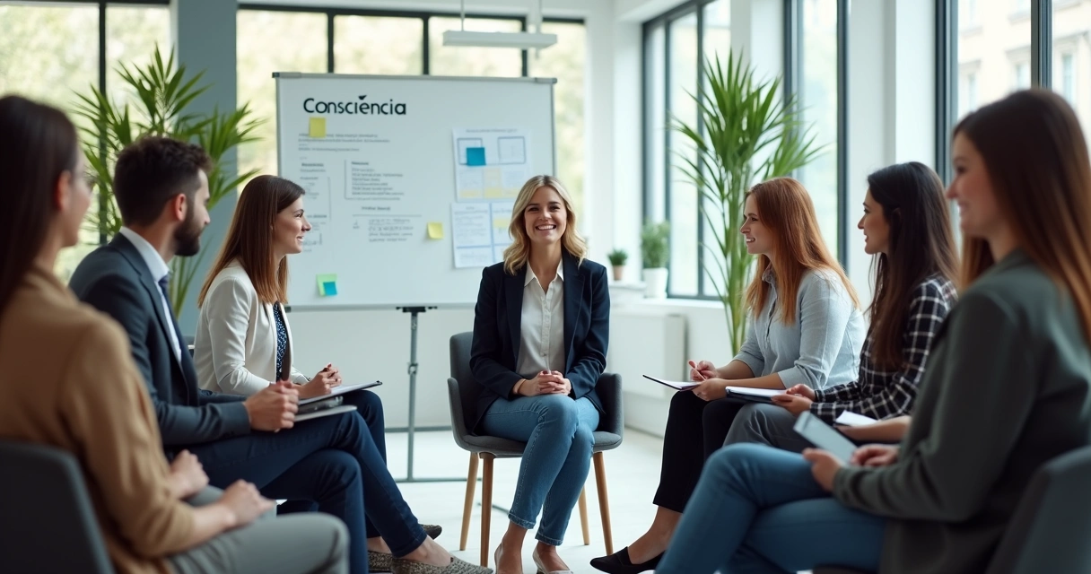 Líder em reunião cercado por equipe em círculo em ambiente corporativo moderno 