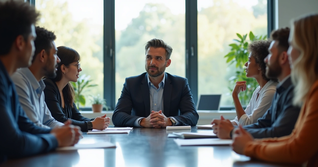 Líder em reunião olhando para equipe com postura reflexiva e atenciosa 