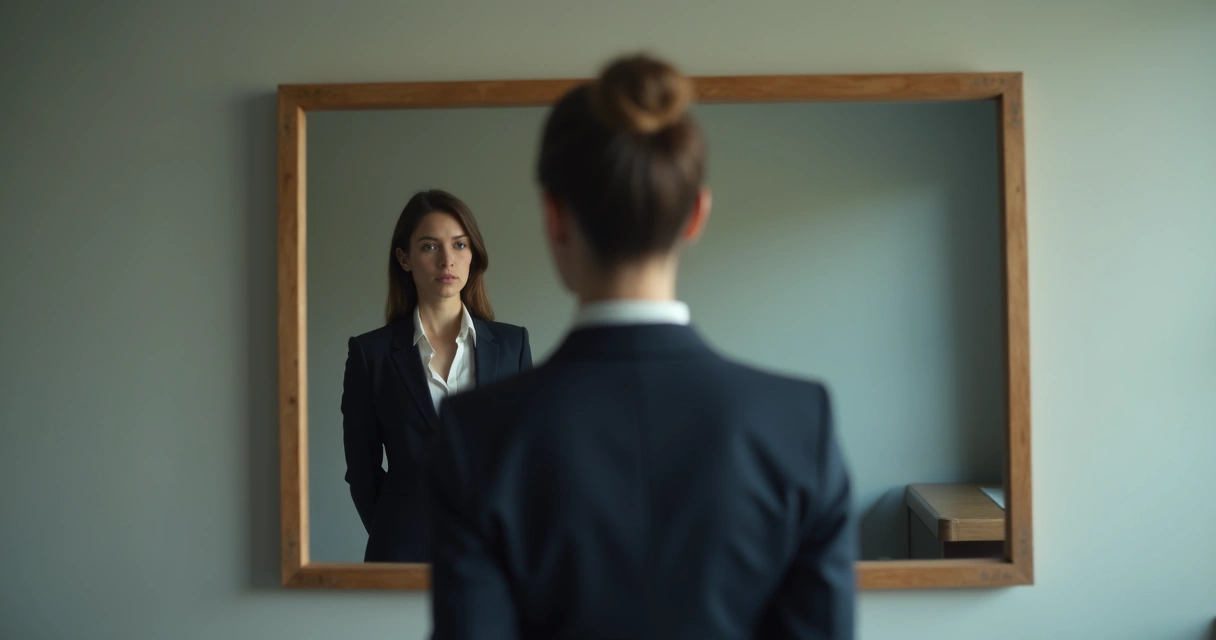 Pessoa em traje formal encarando o próprio reflexo no espelho 