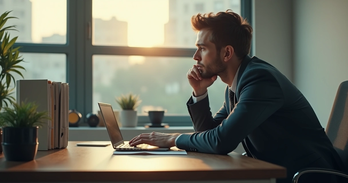 Pessoa olhando pela janela pensativa, ambiente profissional 