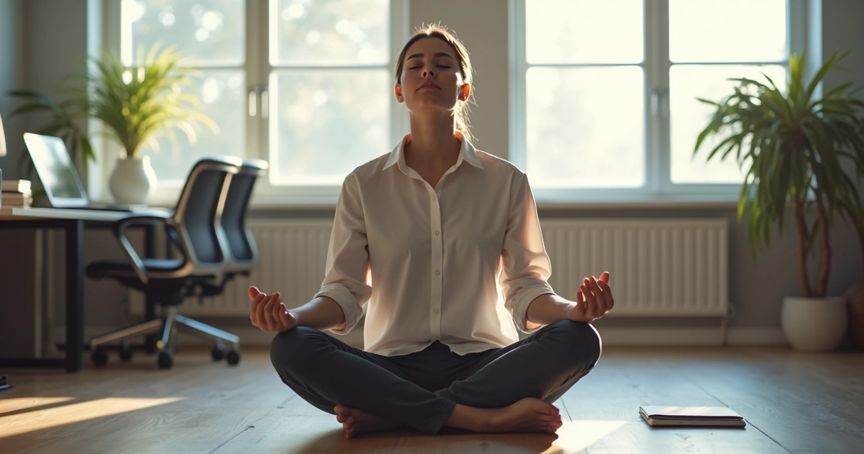 Pessoa sentada em posição de meditação em um ambiente moderno de escritório, olhos fechados, luz natural suave 