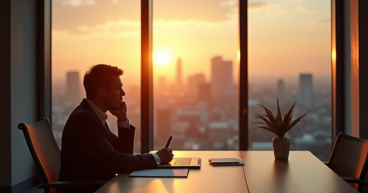 Pessoa líder refletindo sozinha em escritório ao entardecer 