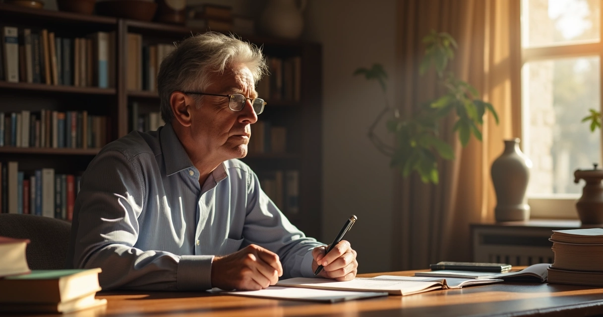 Líder refletindo sobre valores em um escritório tranquilo 