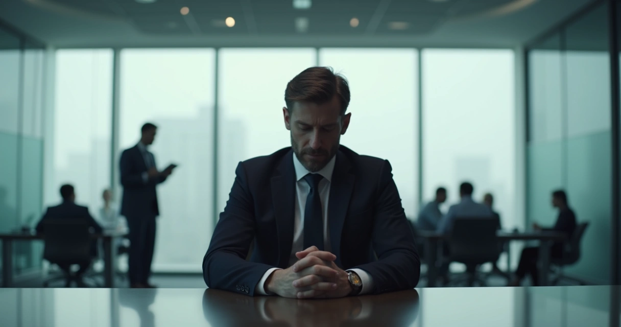 Líder sentado em sala de reunião olhando para baixo, em atitude reflexiva 