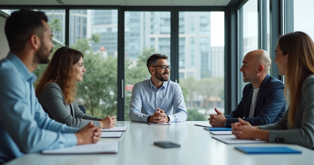 Líder sentado à mesa de reunião refletindo com equipe atenta 