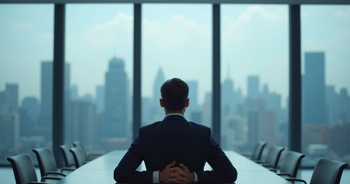 Pessoa refletindo sozinha em sala de reunião vazia, olhando para a janela 