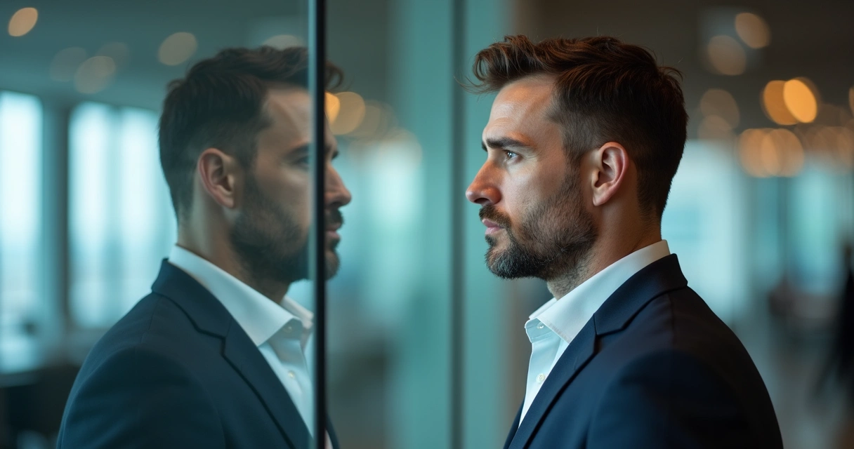 Executivo observando o próprio reflexo em vidro, ambiente corporativo moderno, luz suave, expressão reflexiva