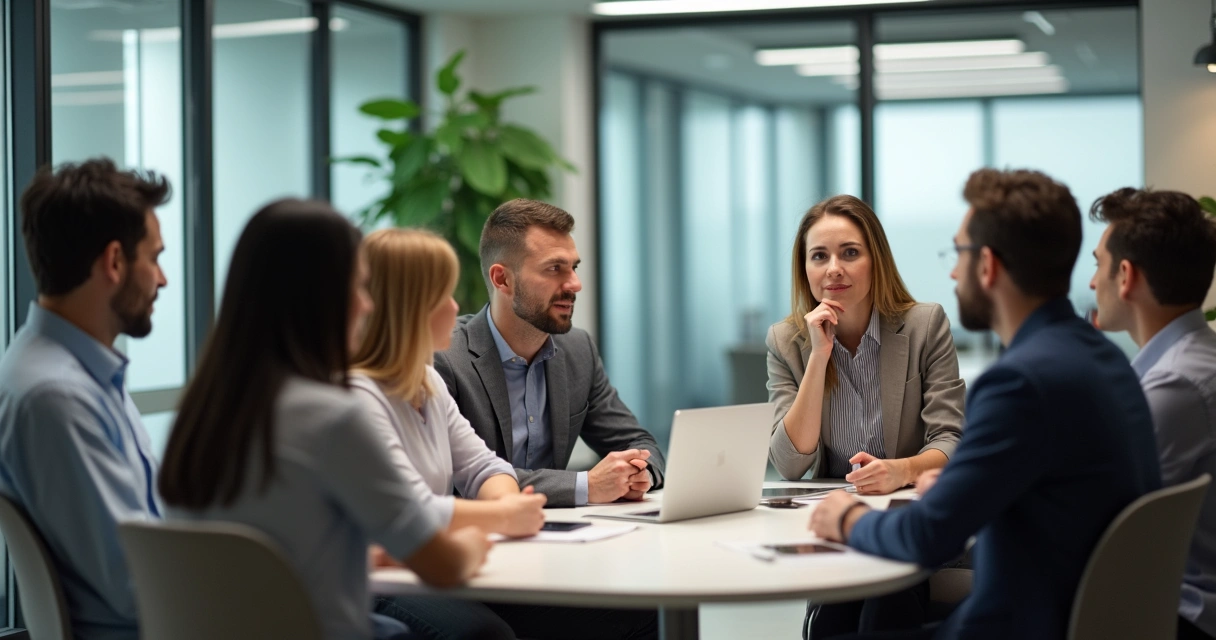 Equipe em reunião e líder refletindo, expressão atenta e ambiente de trabalho contemporâneo 