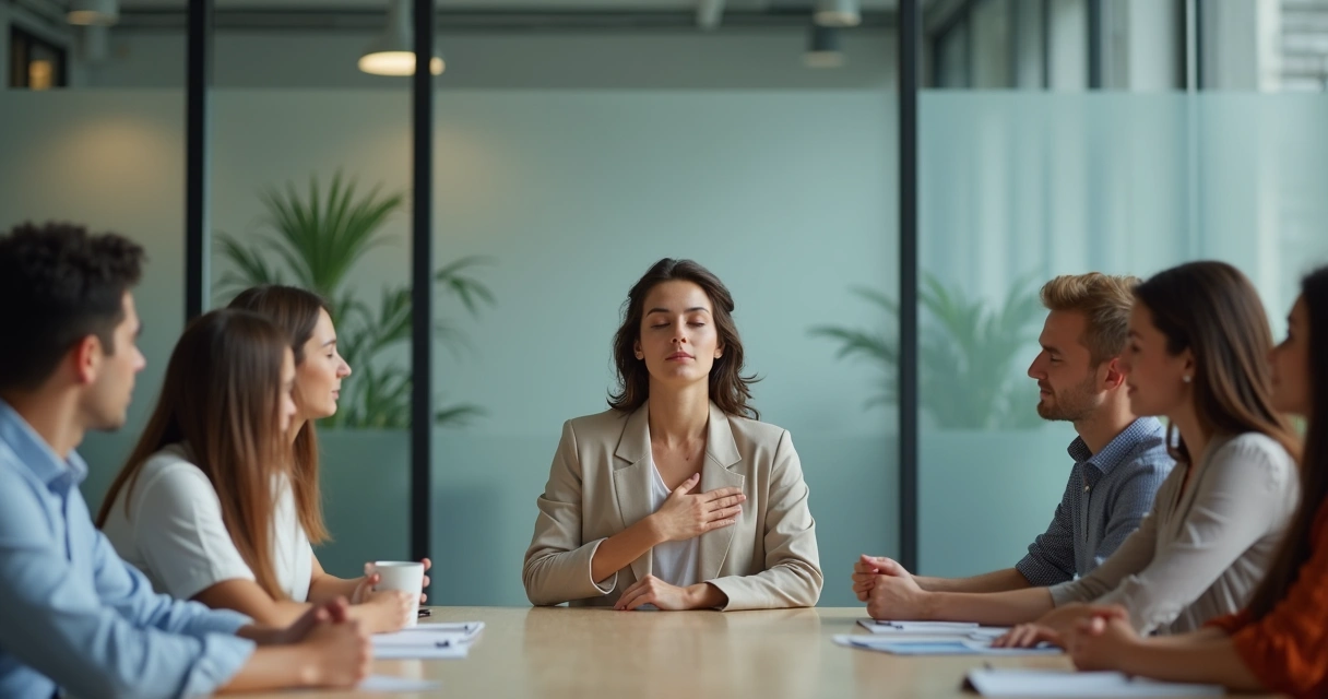 Líder sentado diante de equipe, expressão atenta, sala de reunião moderna 