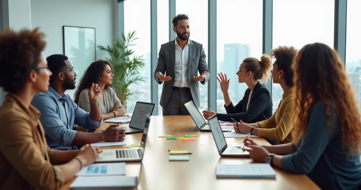 Líder facilitando reunião com equipe multicultural em escritório moderno 