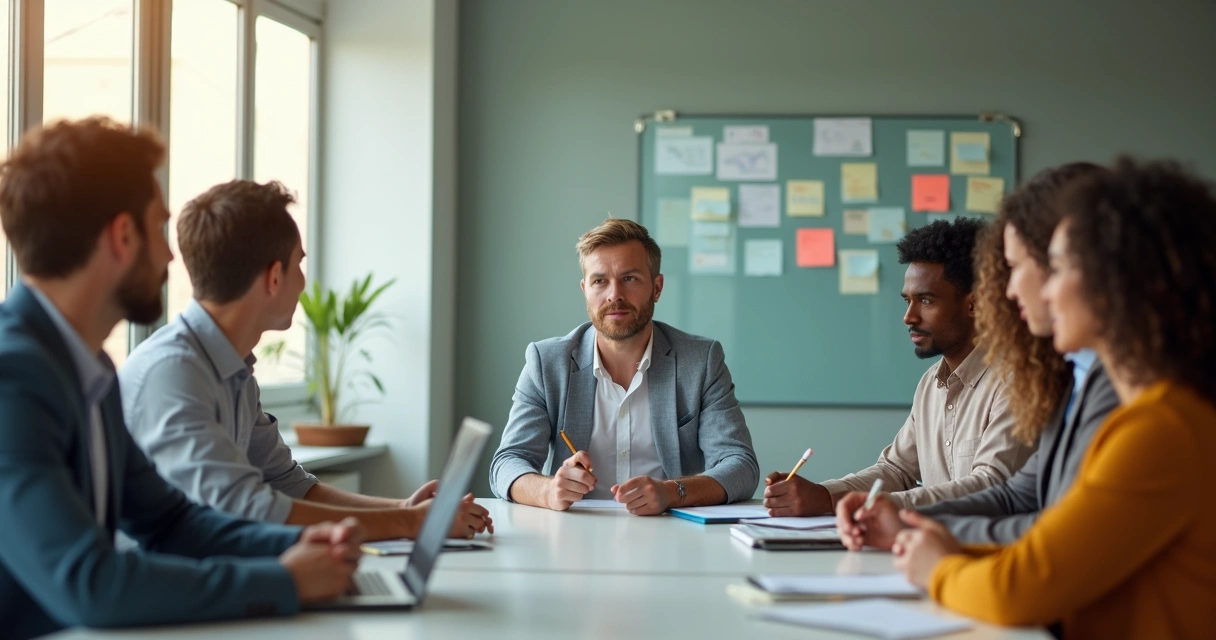 Líder escutando equipe em reunião colaborativa 