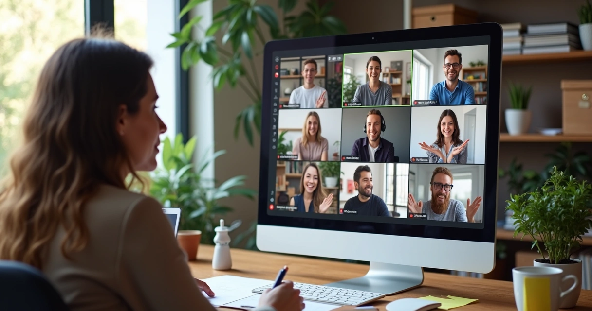 Gestor participando de reunião remota com equipe em tela compartilhada