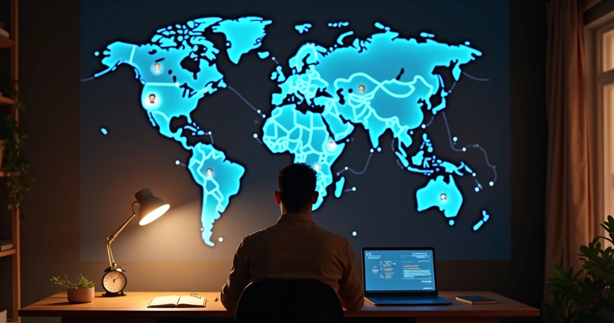 Líder remoto em casa diante de mapa global com conexões luminosas 