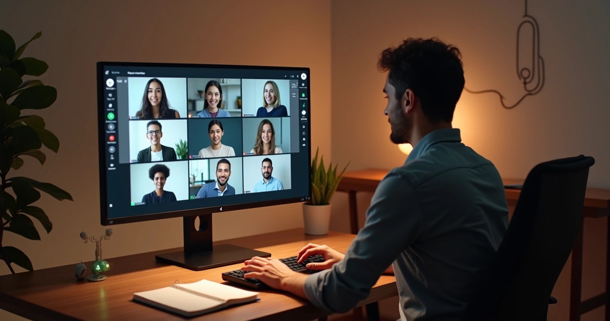 Líder em home office coordenando reunião virtual com comunicação clara na tela 