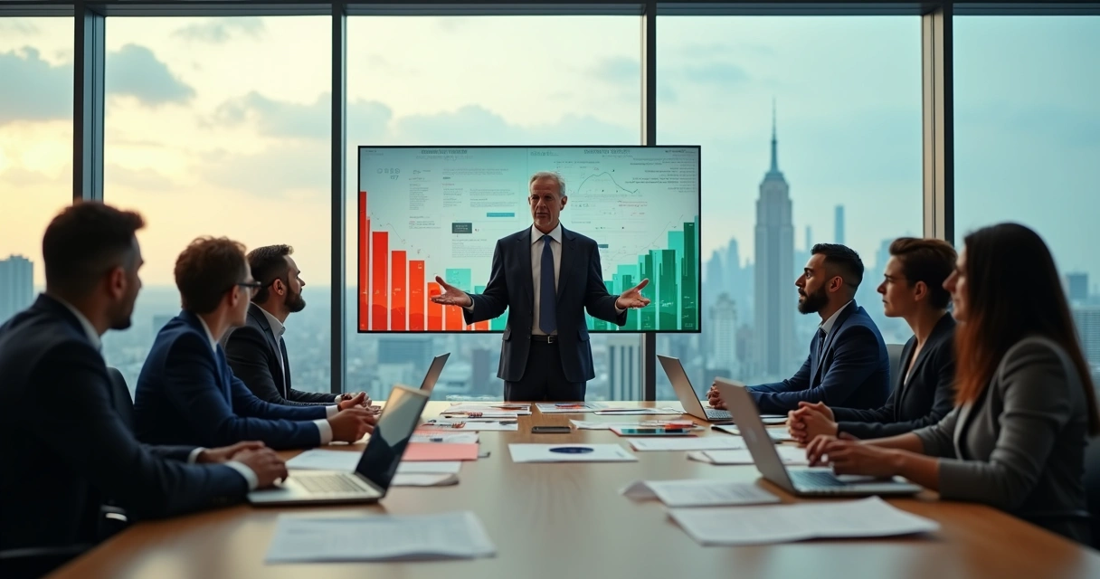 Equipe de liderança em reunião estratégica mantendo calma durante crise 