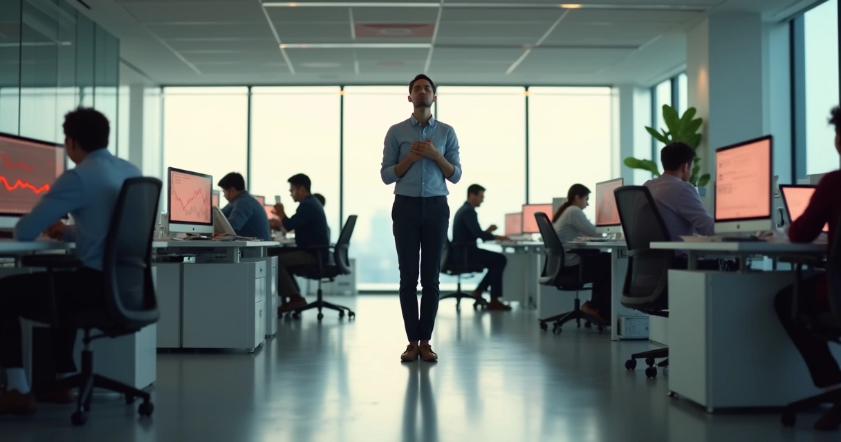 Líder em pé sereno no meio de um escritório caótico mantendo calma e foco 