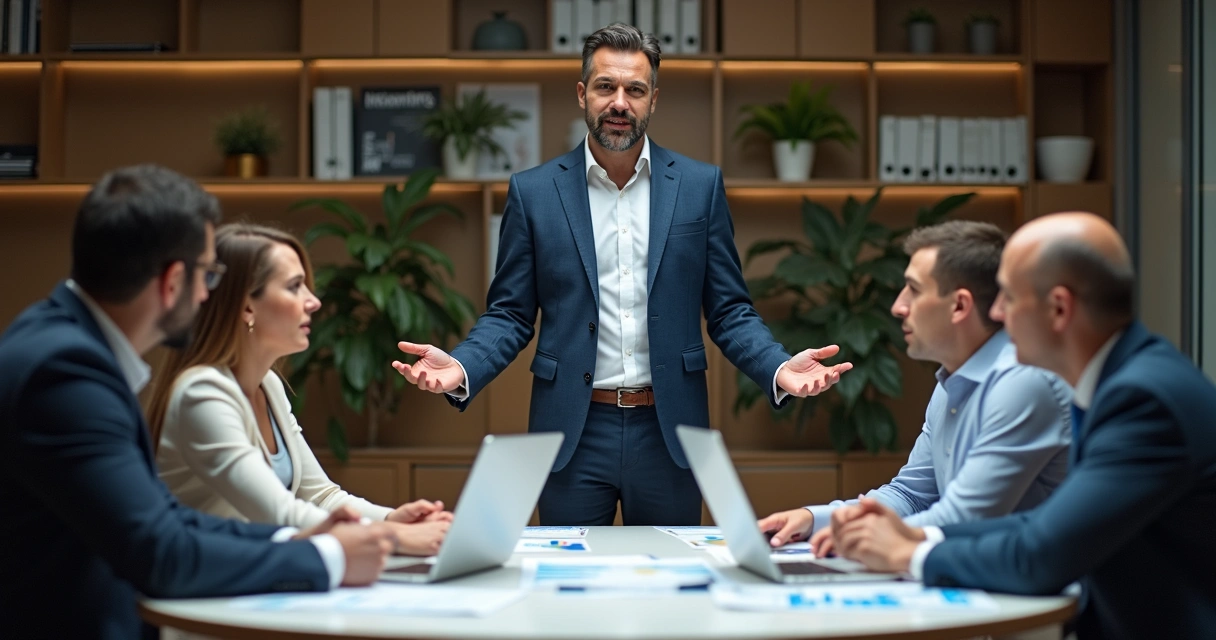 Líder falando com equipe reunida em torno de uma mesa redonda 