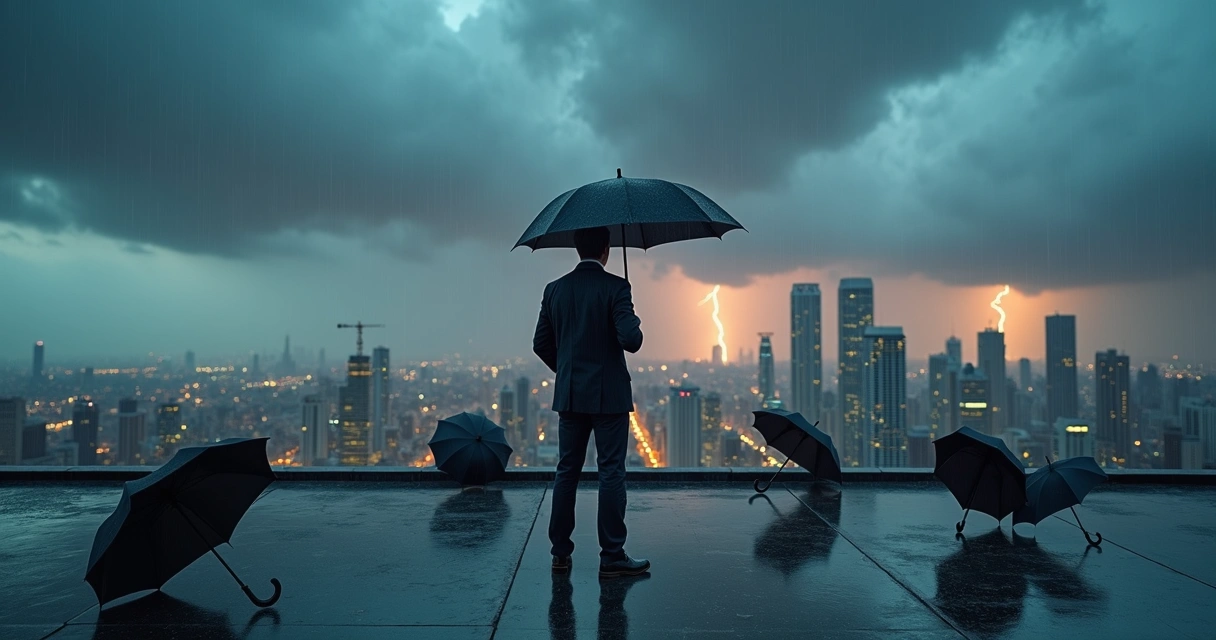 Líder em rooftop cercado por cidade em tempestade segurando guarda-chuva aberto 