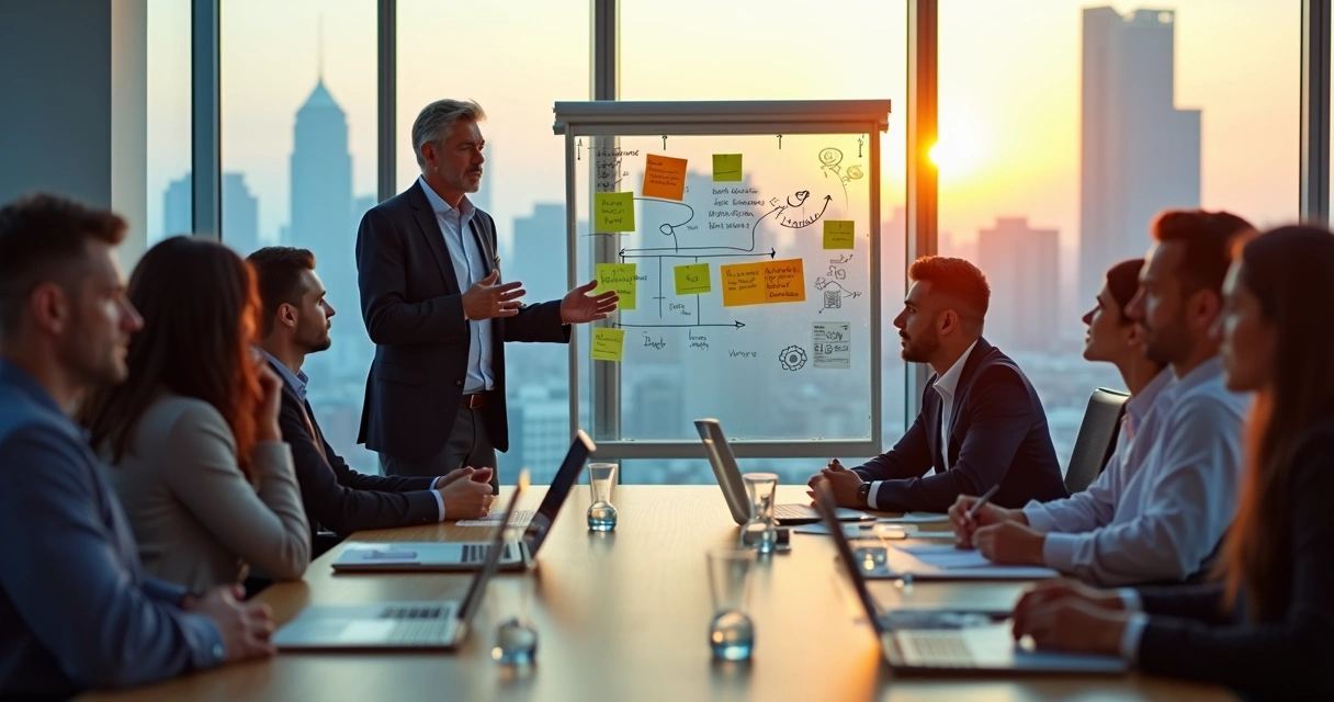 Líder facilitando diálogo sobre mudança com equipe resistente em sala de reunião 