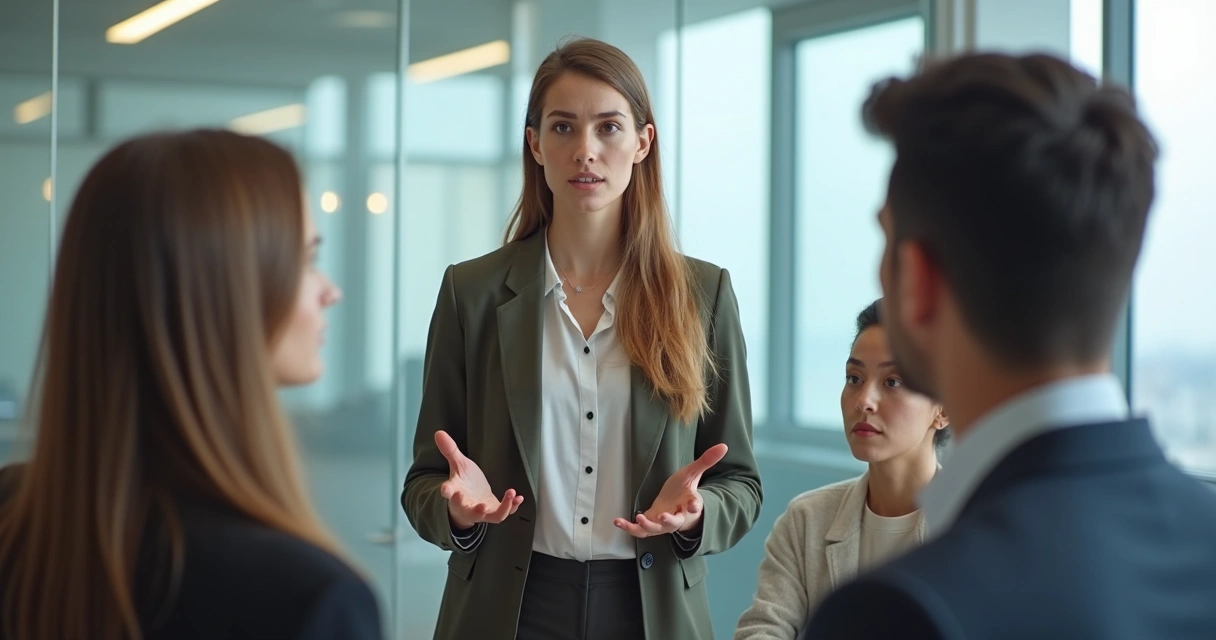 Líder mediando conflito entre dois membros da equipe em sala de reunião clara 
