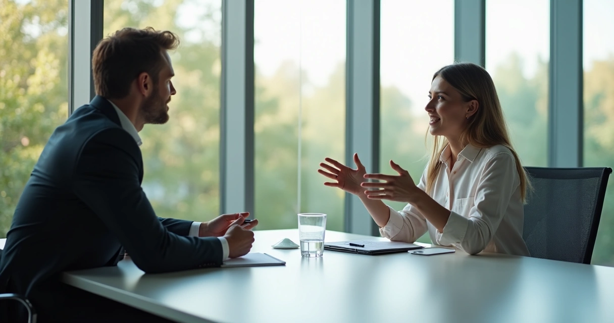 Gestor ouvindo feedback de funcionário em reunião 