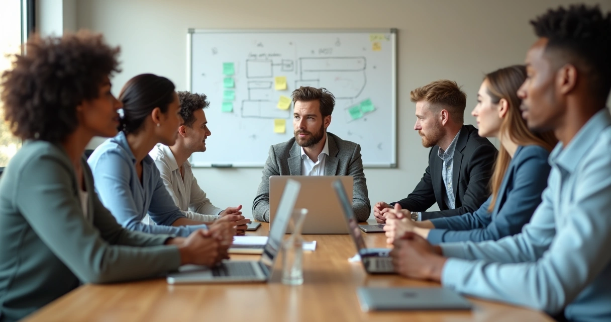 Líder em reunião com equipe demonstrando responsabilidade afetiva no trabalho 