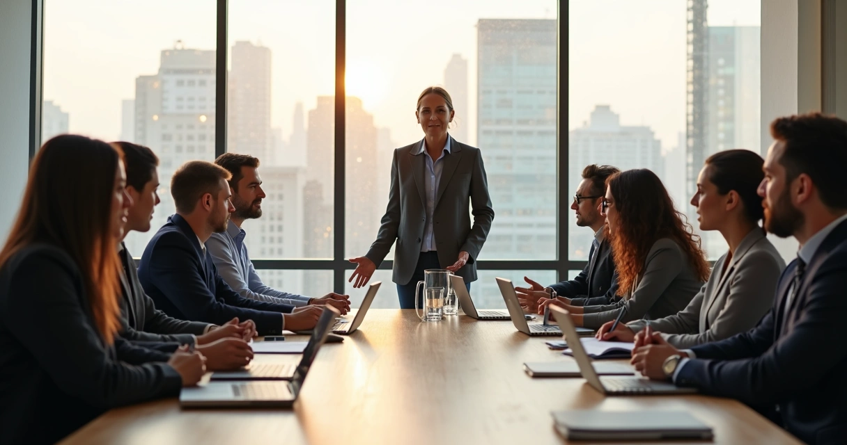 Líder em reunião refletindo responsabilidade ampliada com equipe em volta da mesa 