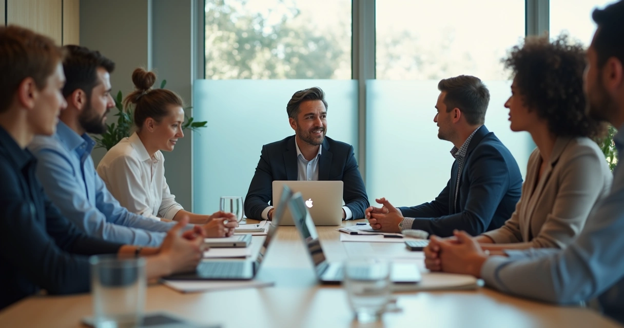 Líder em reunião olhando para equipe com expressão serena e atenta 
