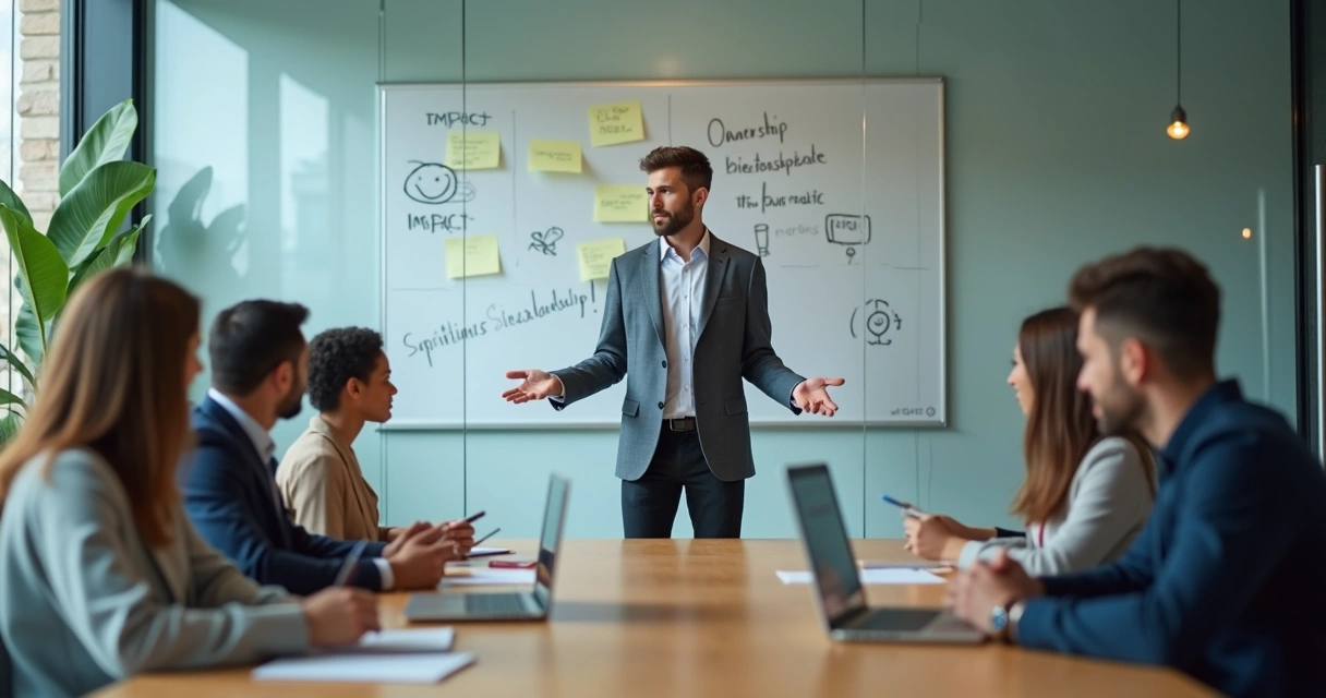 Líder em reunião refletindo responsabilidade individual diante da equipe 