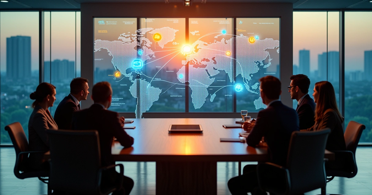 Liderança observando mapa sistêmico digital com conexões entre pessoas e impacto social 