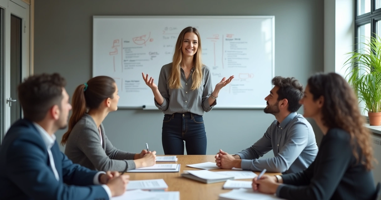 Liderança conversando com equipe em ambiente corporativo com postura aberta e responsável