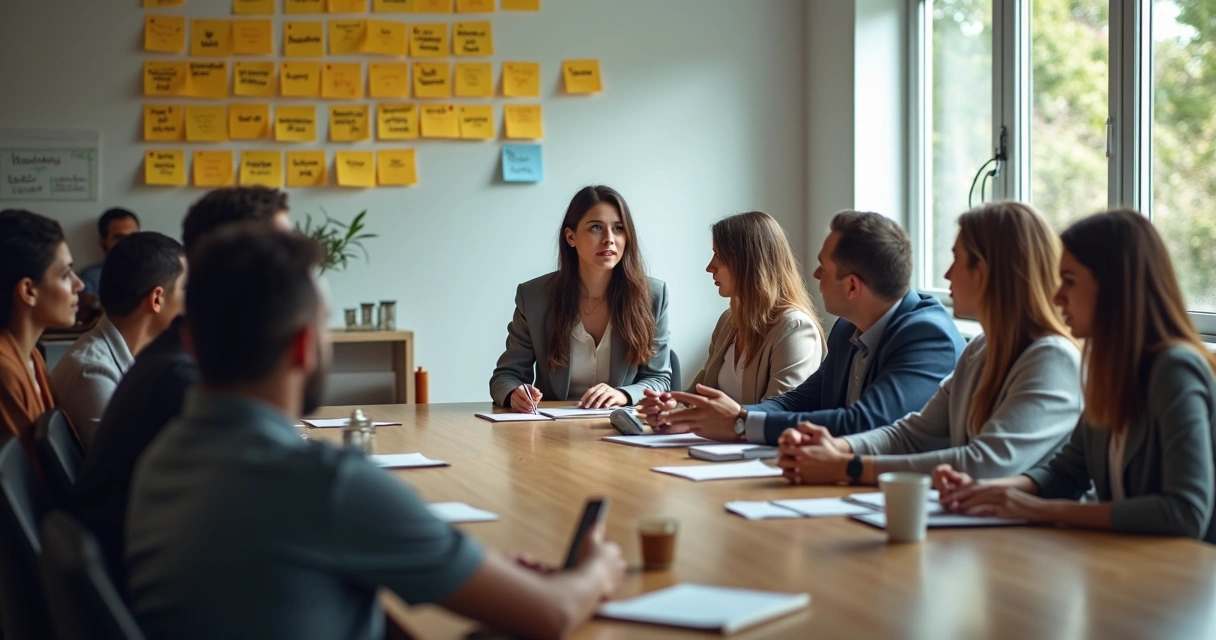 Equipe em reunião com líder debatendo responsabilidade social